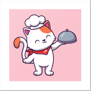 Cute Cat Chef Holding Cloche Posters and Art